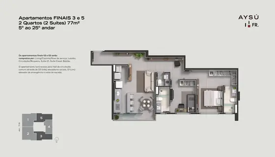Planta da unidade 603, 76,08 m² (finais 3 e 5)