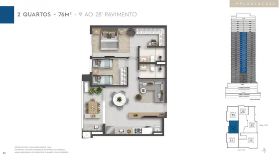 Planta da unidade 1005, 76,43 m²