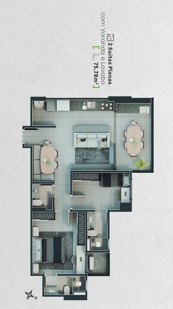 Planta do apartamento de 2 suítes plenas com varanda e lavabo, 75,78 m²