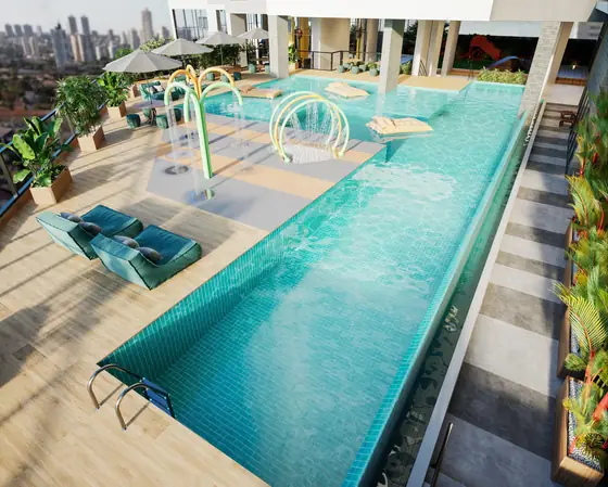 Piscina climatizada com raia, vista superior