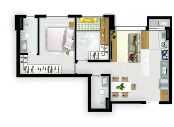 Planta da unidade 303-L, 62,88 m² (2 quartos, sendo 1 suíte)