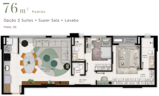 Planta do final 05, 76 m², 2 suítes + super sala + lavabo