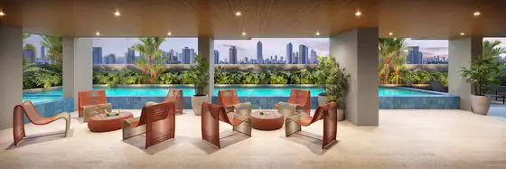Lounge e piscina adulto com vista da cidade