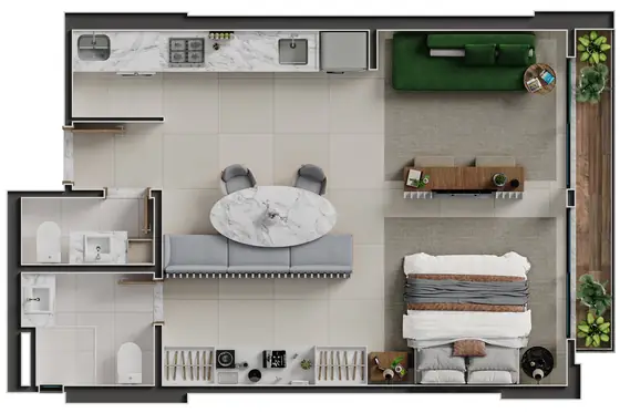 Planta da unidade 1607-B, 50,11 m² (studio, Torre Istambul)