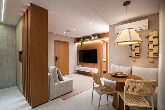 Living e jantar do decorado de 64 m²