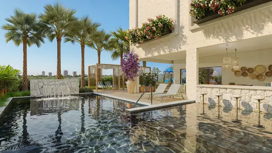 Piscina com deck molhado e bar molhado