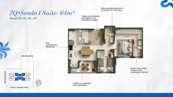 Planta humanizada 2 quartos com suíte, 64 m² (finais 02, 03, 06 e 07)