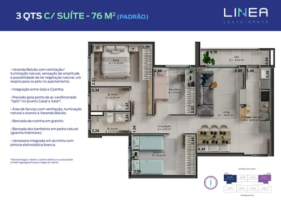 Planta do apartamento de 3 quartos com suíte (76 m²)