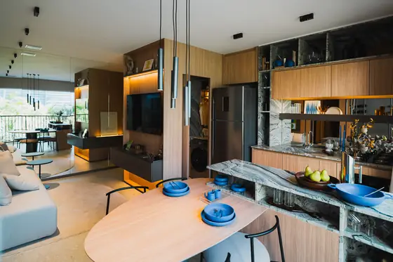 Living e cozinha do apartamento decorado