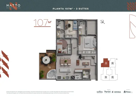 Planta 107 m² terraço spa
