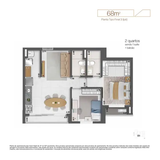 Planta do apartamento tipo final 3 (Ipê), 2 quartos com suíte e balcão, 68 m²