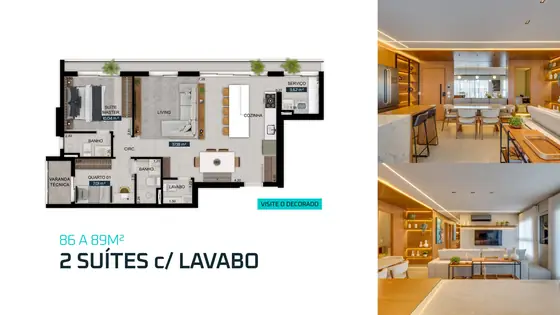 Planta da unidade 1103, 87,6 m² (2 suítes com lavabo)