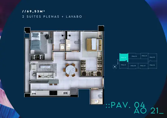 Planta da unidade 406, 69,33 m² (2 suítes plenas + lavabo)