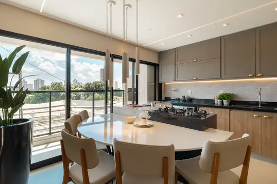 Decorado 75 m²: estar e jantar com varanda