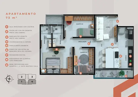 Planta humanizada 3 quartos 73 m²