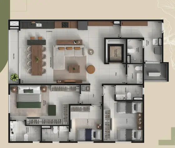 Planta tipo de 3 suítes