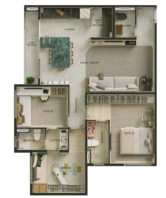 Planta humanizada 3 suítes com lavabo