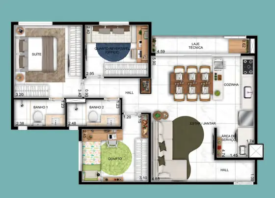 Planta humanizada 3 quartos com suíte